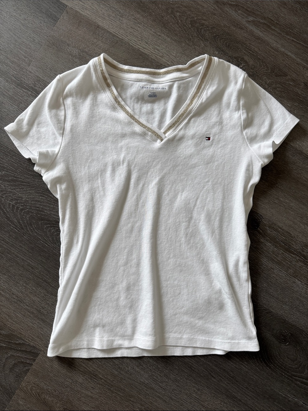 Tommy Hilfiger White V-Neck Short Sleeve Tee with Subtle Logo